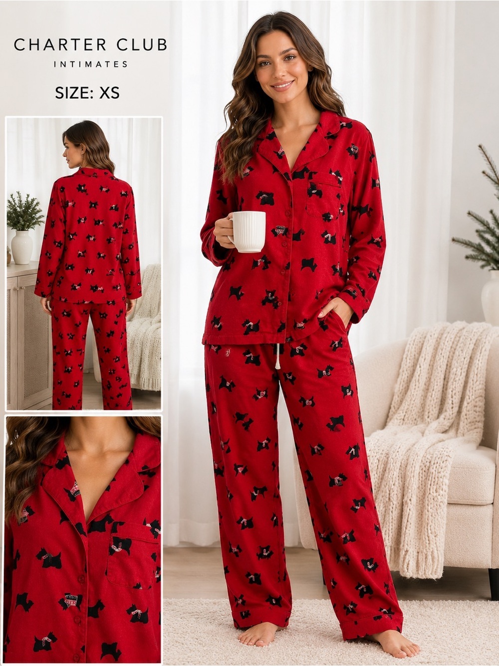 Charter Club Intimates Red Scottie Dog Flannel Pajama Set XS cotton Sleepwear